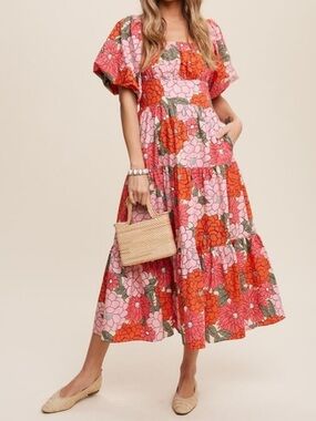 Listicle Boutique Pink Floral Puff Sleeve Square Neck Sundress Dress Medium NWT